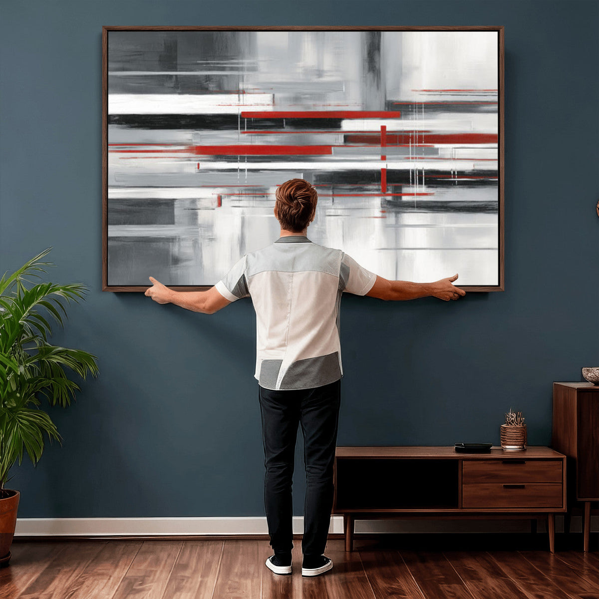 Gray Red Abstract Wall Art Canvas Print, Modern Abstract