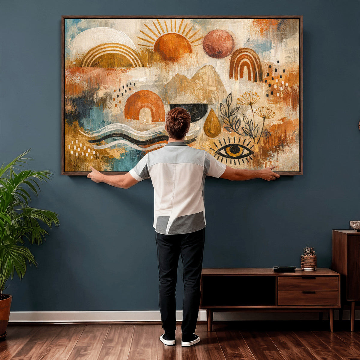 Geometric Boho Abstract Wall Art Canvas Print, Orange Blue