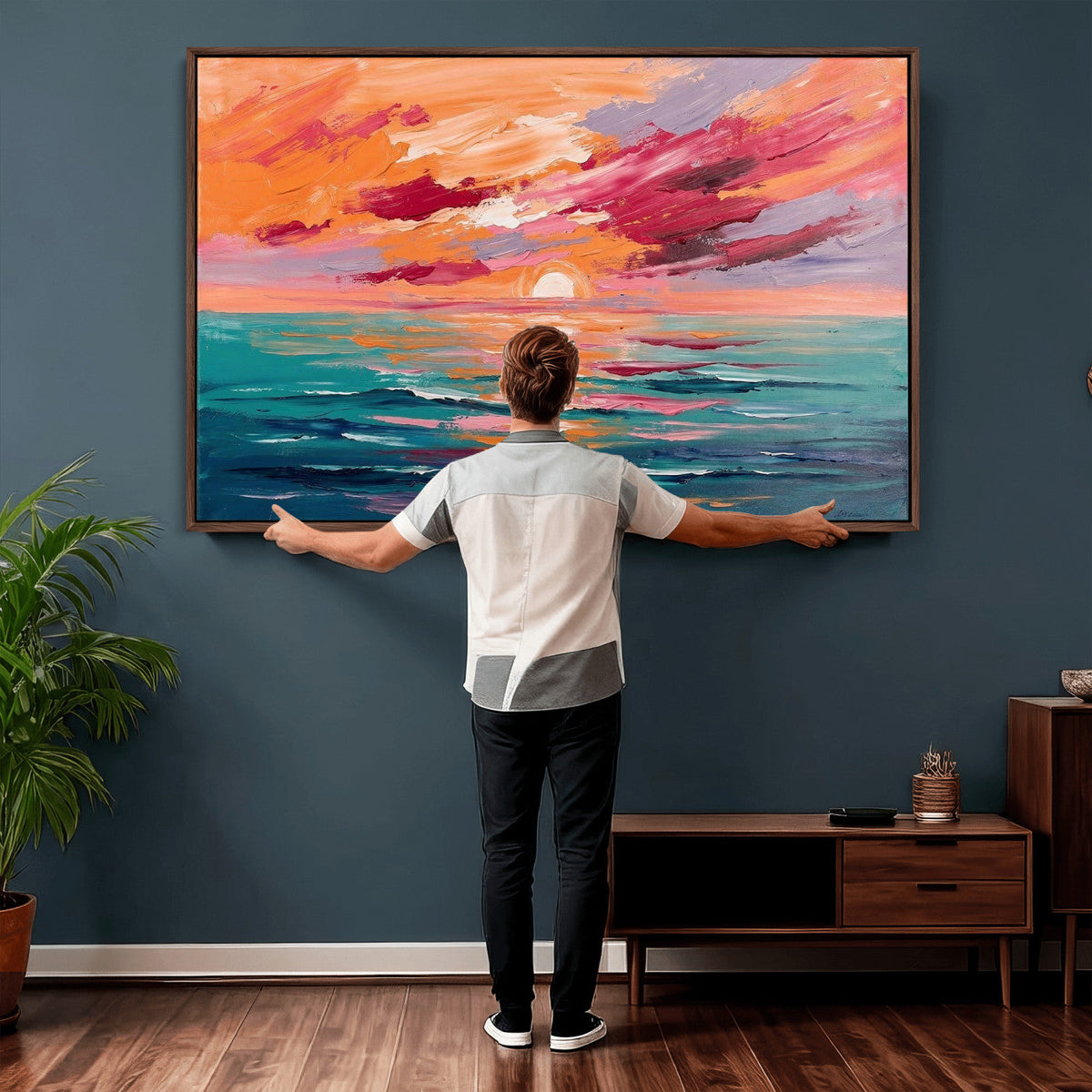 Bold Palette Knife Ocean Sunset Canvas — Orange Pink Teal