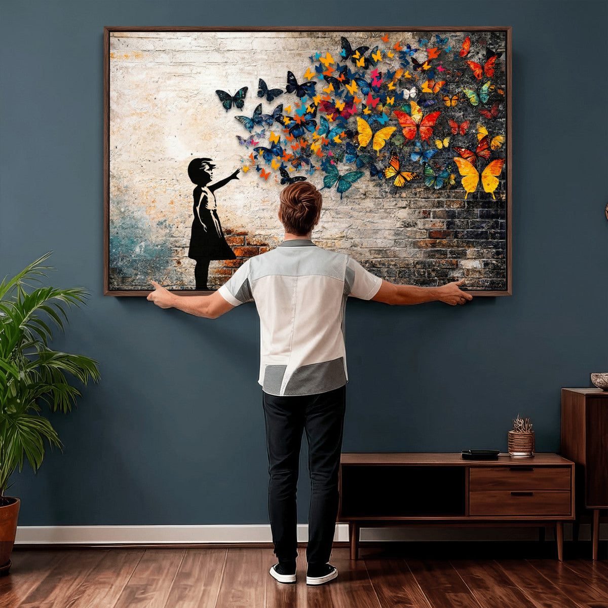 Banksy Graffiti Butterfly Girl Wall Art Canvas Print, Framed