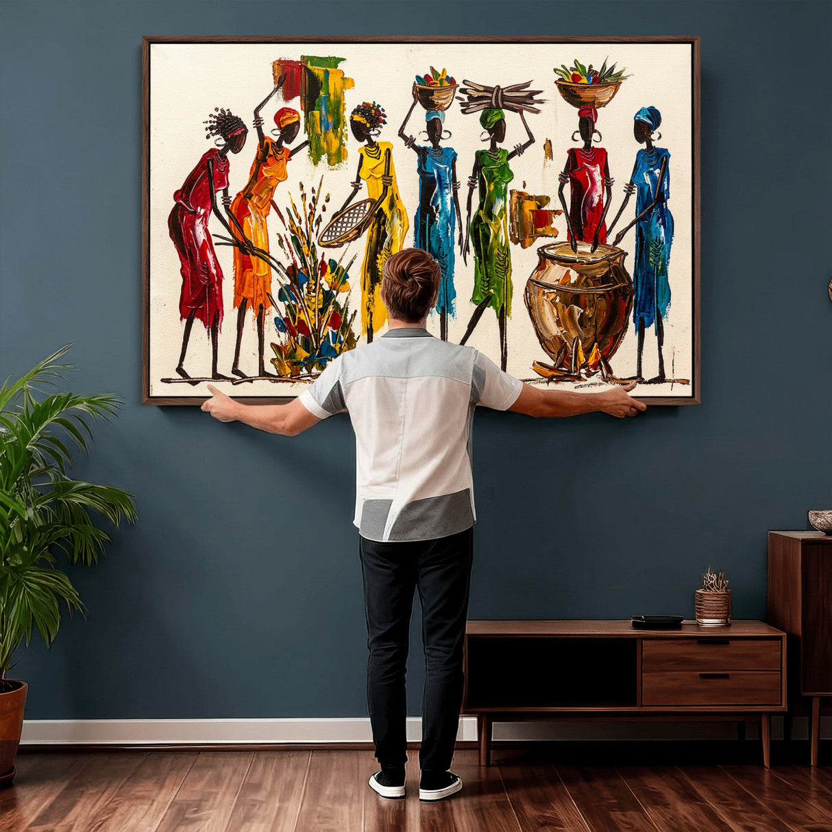 African Folk Art Canvas Wall Art, Colorful African Women Village Painting Print, Tribal Ethnic Home Decor, Vibrant African Art, Living Room