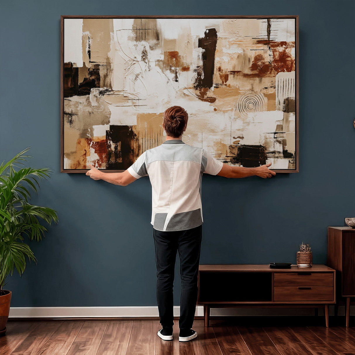 Blue Teal Abstract Canvas Wall Art, Modern Textured Painting Print, Navy Orange White Contemporary Art, Neutral Living Room Decor, Office Art