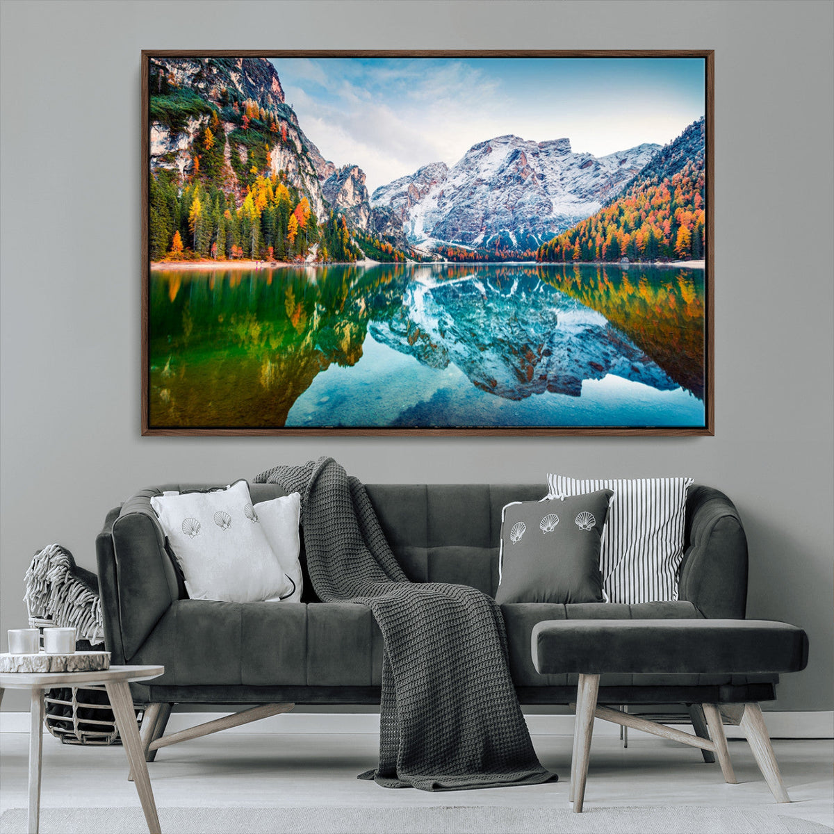 Spectacular autumn view of Braies Lake Wall Art Canvas Print