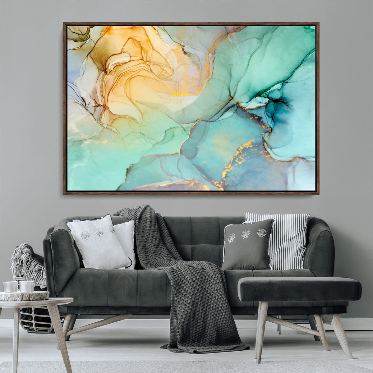 Abstract Aqua and Gold Fluid Wall Art Canvas | 3 Panel Large