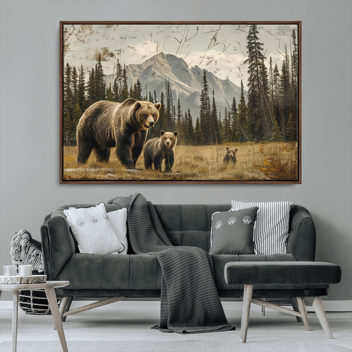 Rustic Grizzly 399 Bear Family Wall Art Canvas Print
