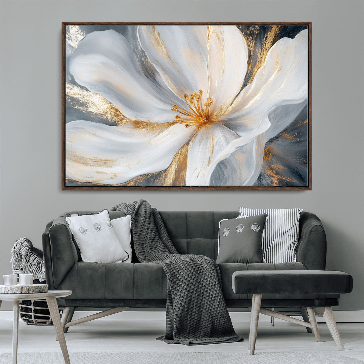 White and Gold Floral Canvas Wall Art - Framed and Ready to