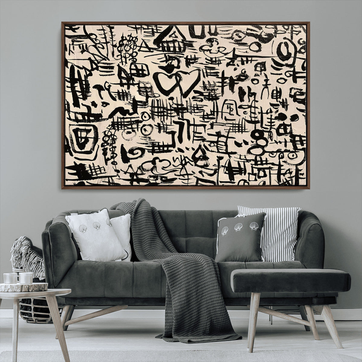 Abstract Love and Chaos Canvas Print, Black Symbols on Beige