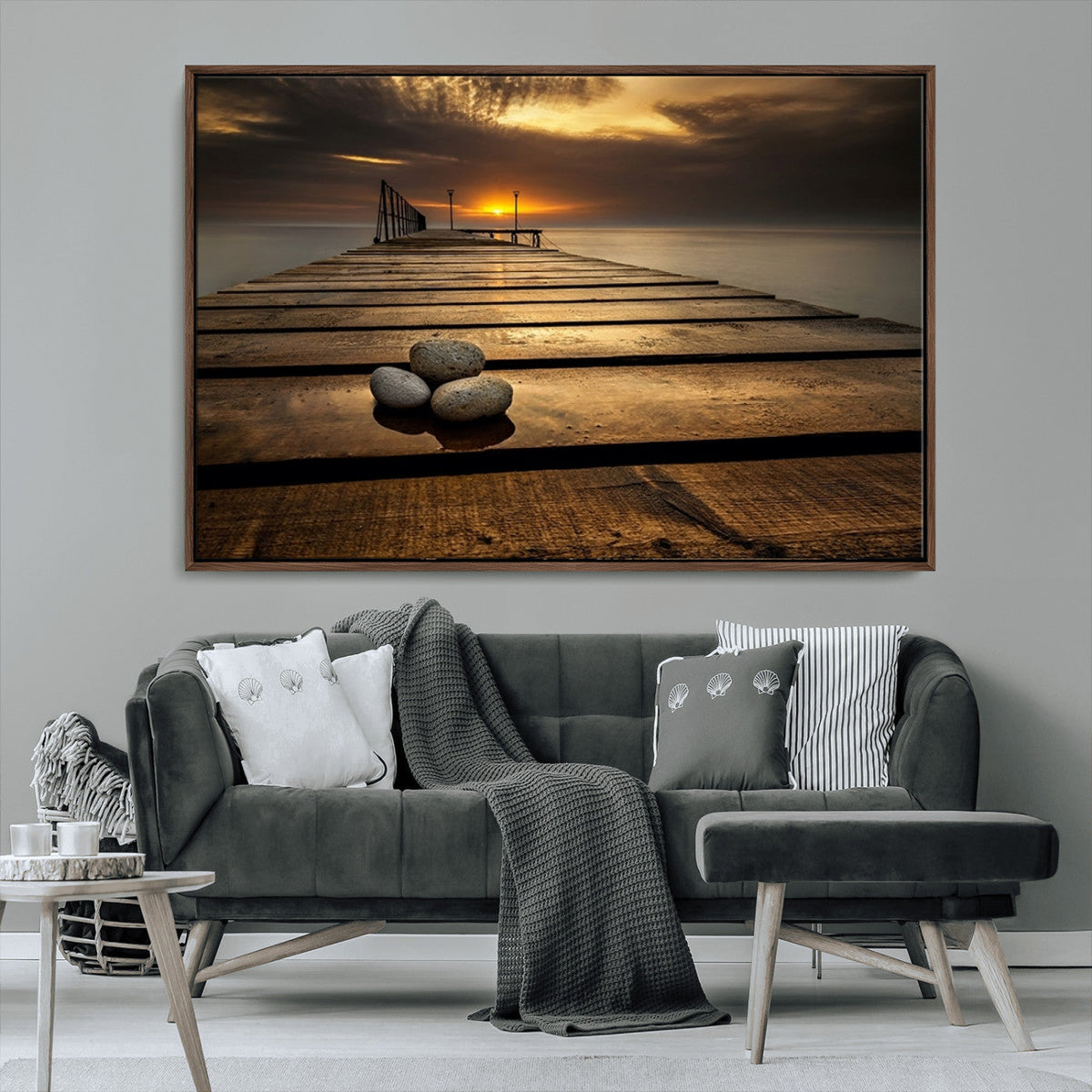 Stones on Wooden Pier at Sunset Canvas Print, Serene Coastal