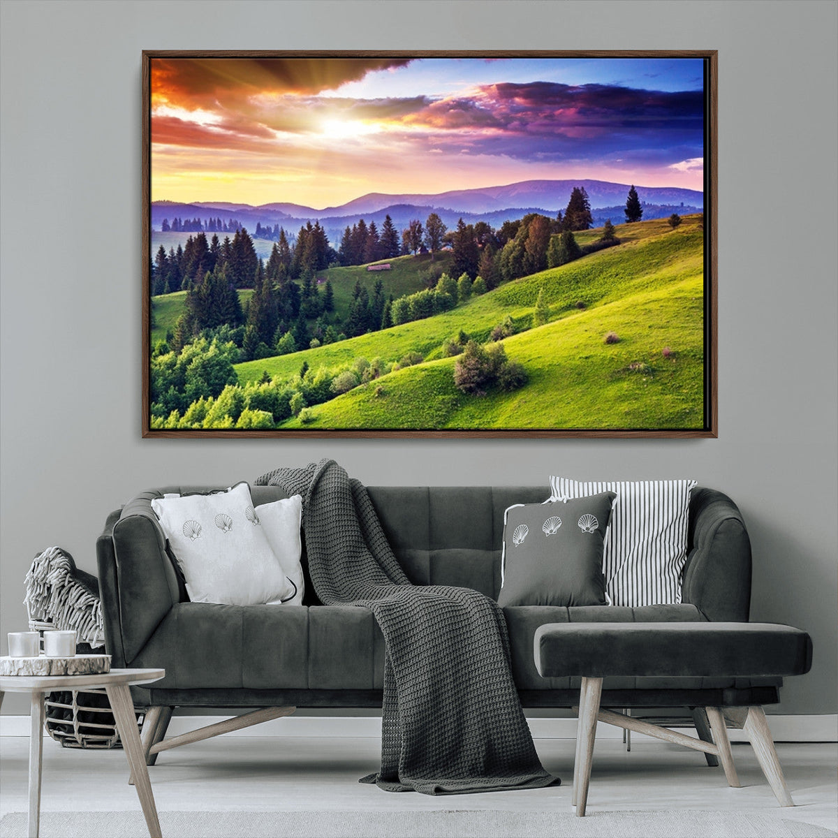 Green Hills and Sunset Wall Art Print - Scenic Landscape