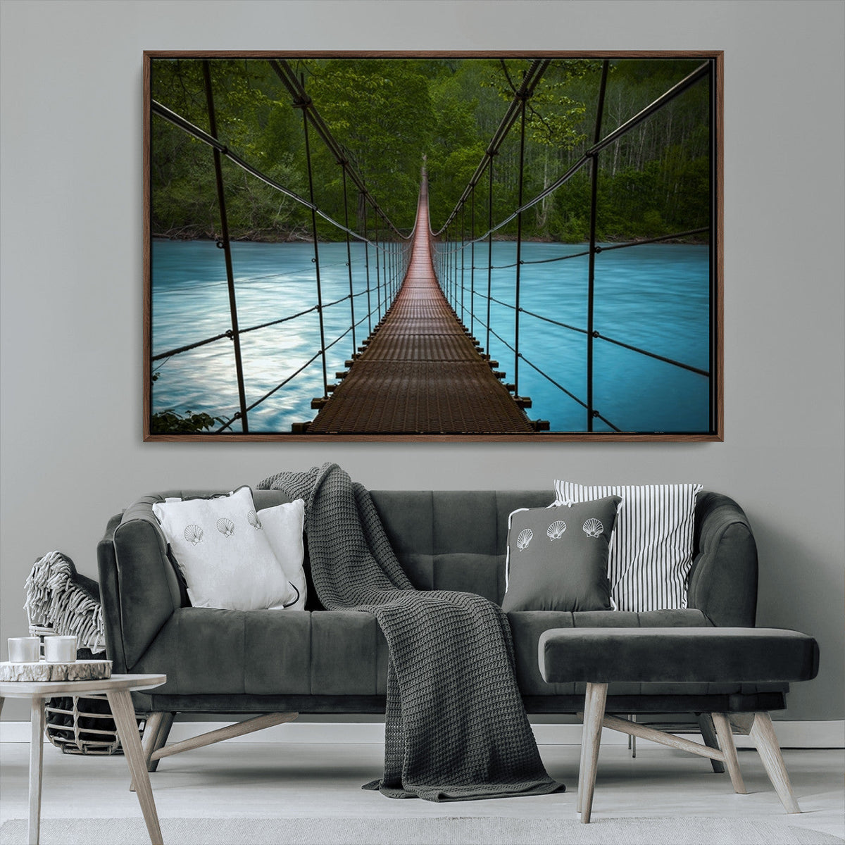 Suspension Bridge Over River Canvas Art | 3-Panel Nature