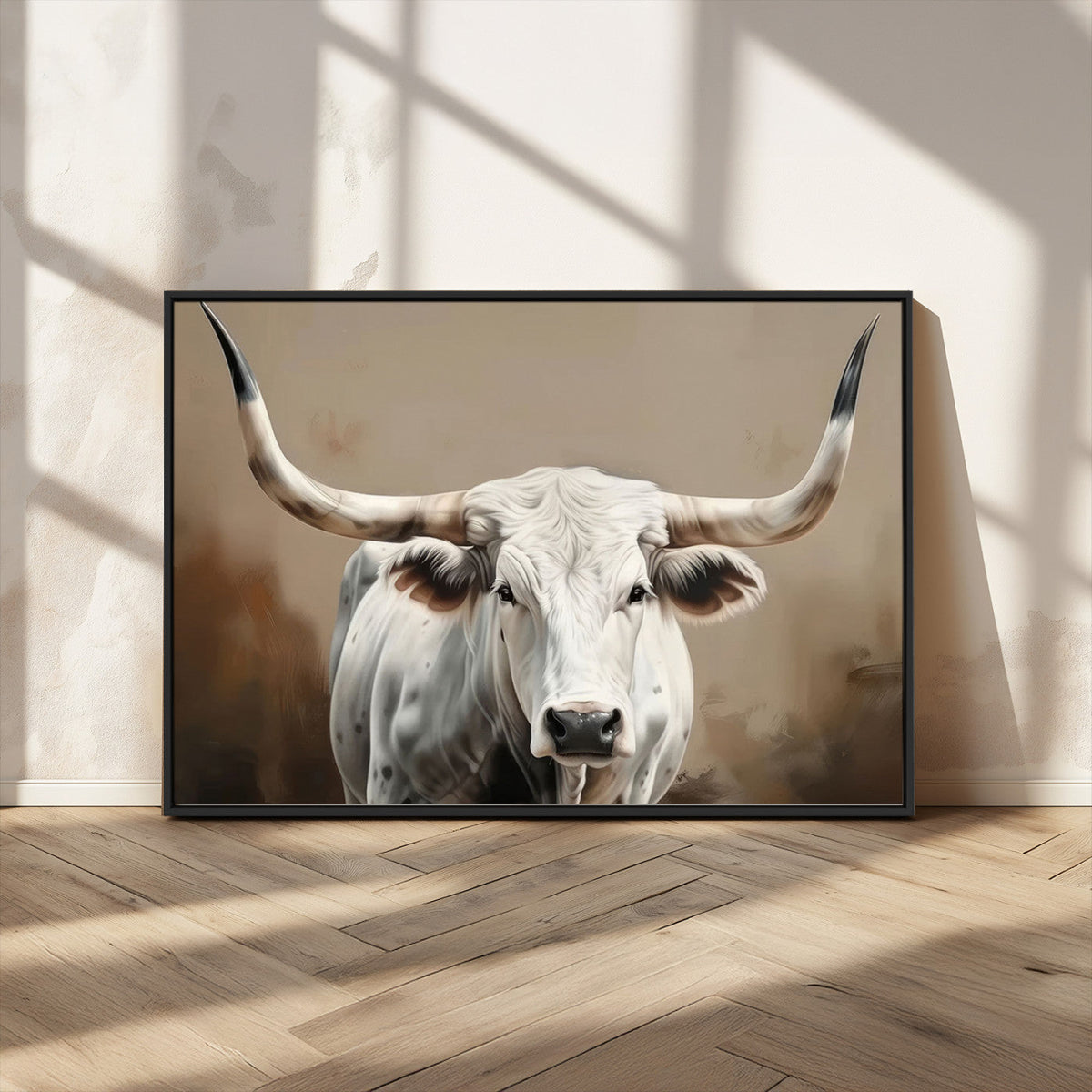 White Longhorn Bull Wall Art Canvas Print – Framed and Ready