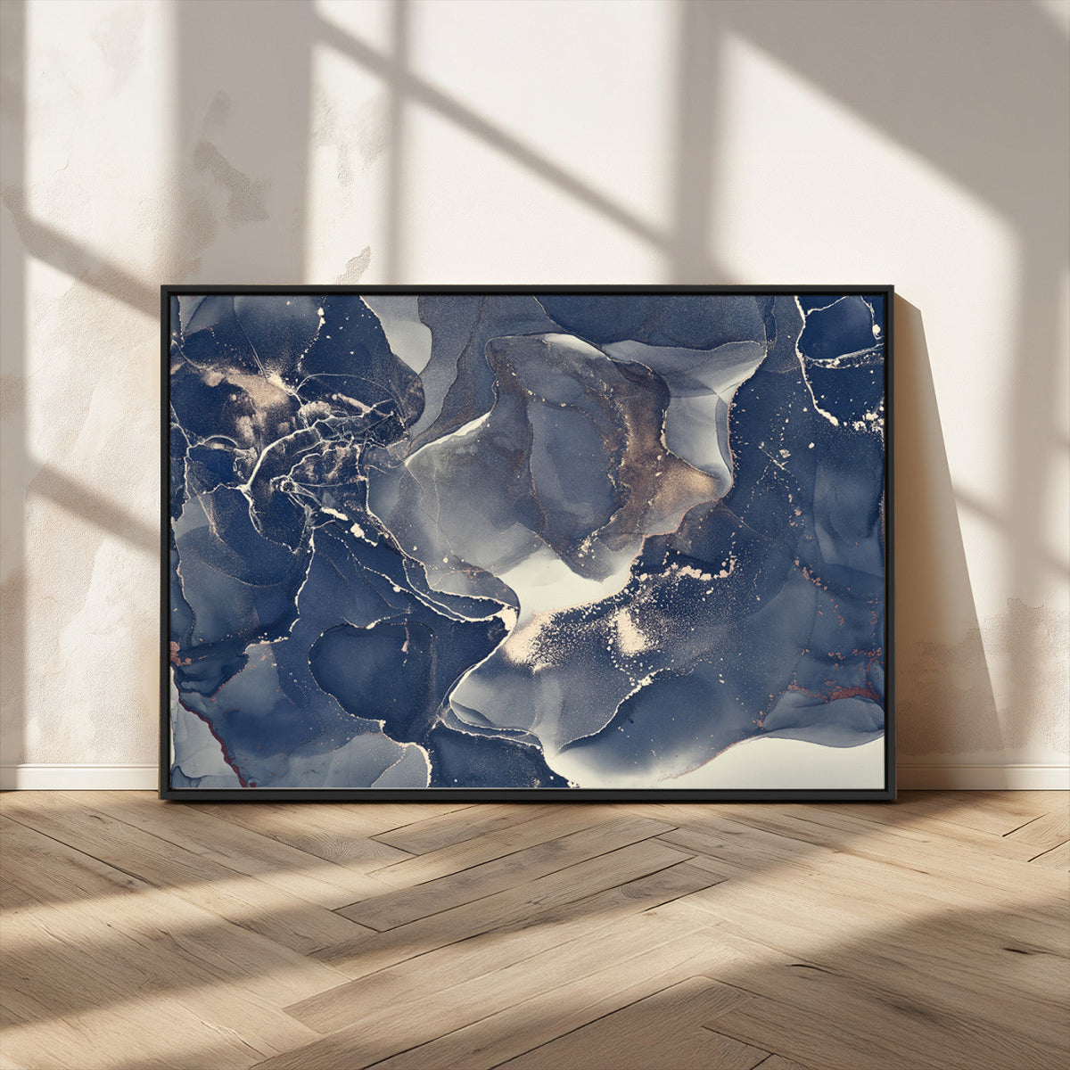 Large Abstract Blue and Gold Canvas Wall Art Fluid Ink
