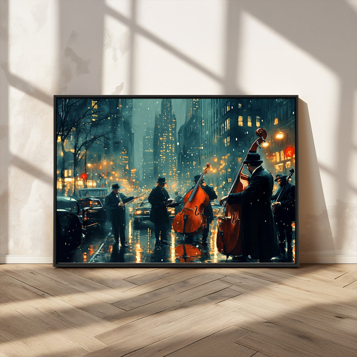 Urban Night Jazz Wall Art Canvas Print – Moody Rain-Soaked
