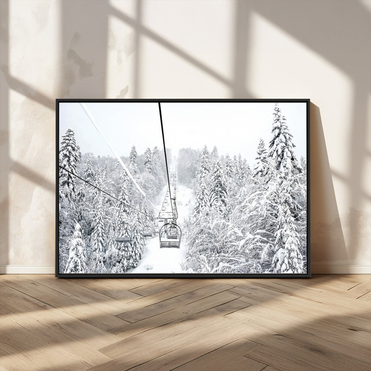 Snowy Ski Lift Wall Art – Framed Winter Mountain Canvas