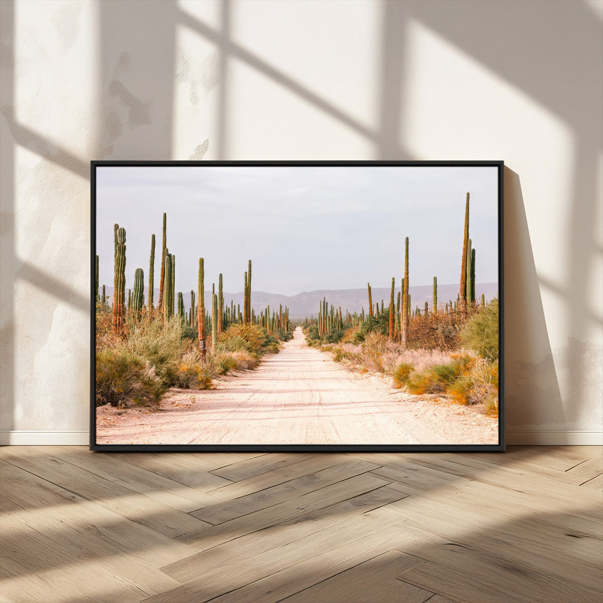 Desert Cactus Lined Road Wall Art Canvas Print – Framed