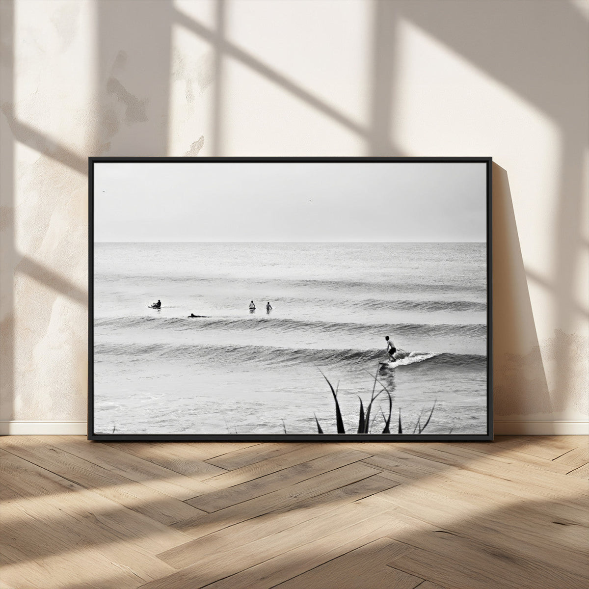 Surfer Silhouette Wall Art – Framed Calm Ocean Canvas