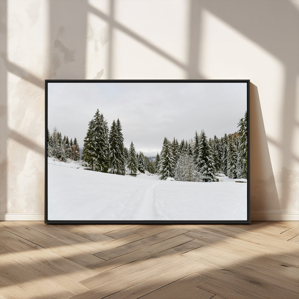 Frosty Pines Wall Art Canvas Print – Framed Silent Snowfall
