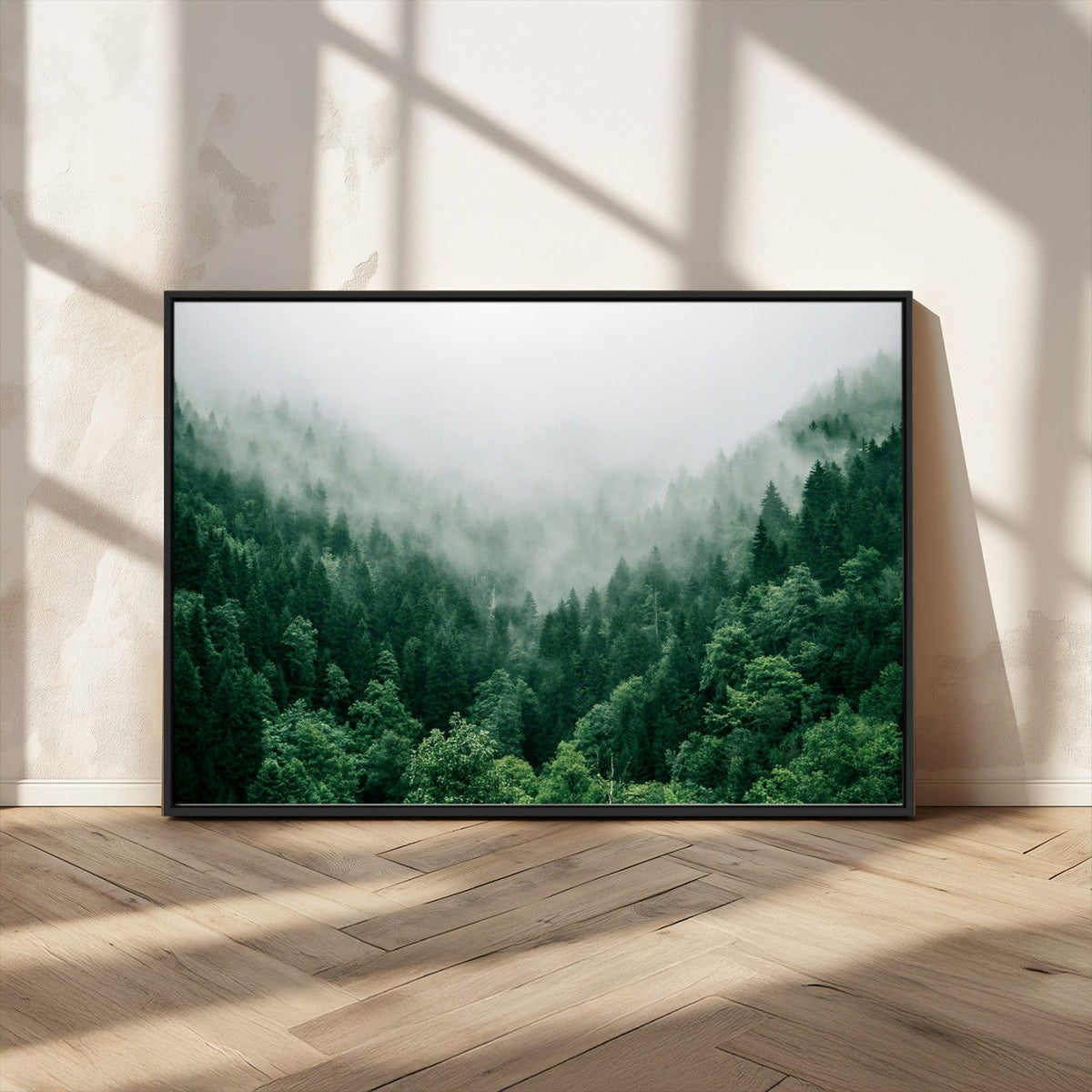 Misty Green Forest Canvas Print – Framed Serene Foggy Pine