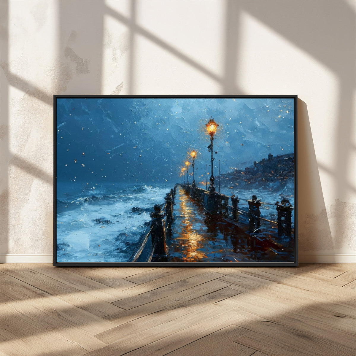 Stormy Night at Beach Pier Oil Painting Large Wall Art