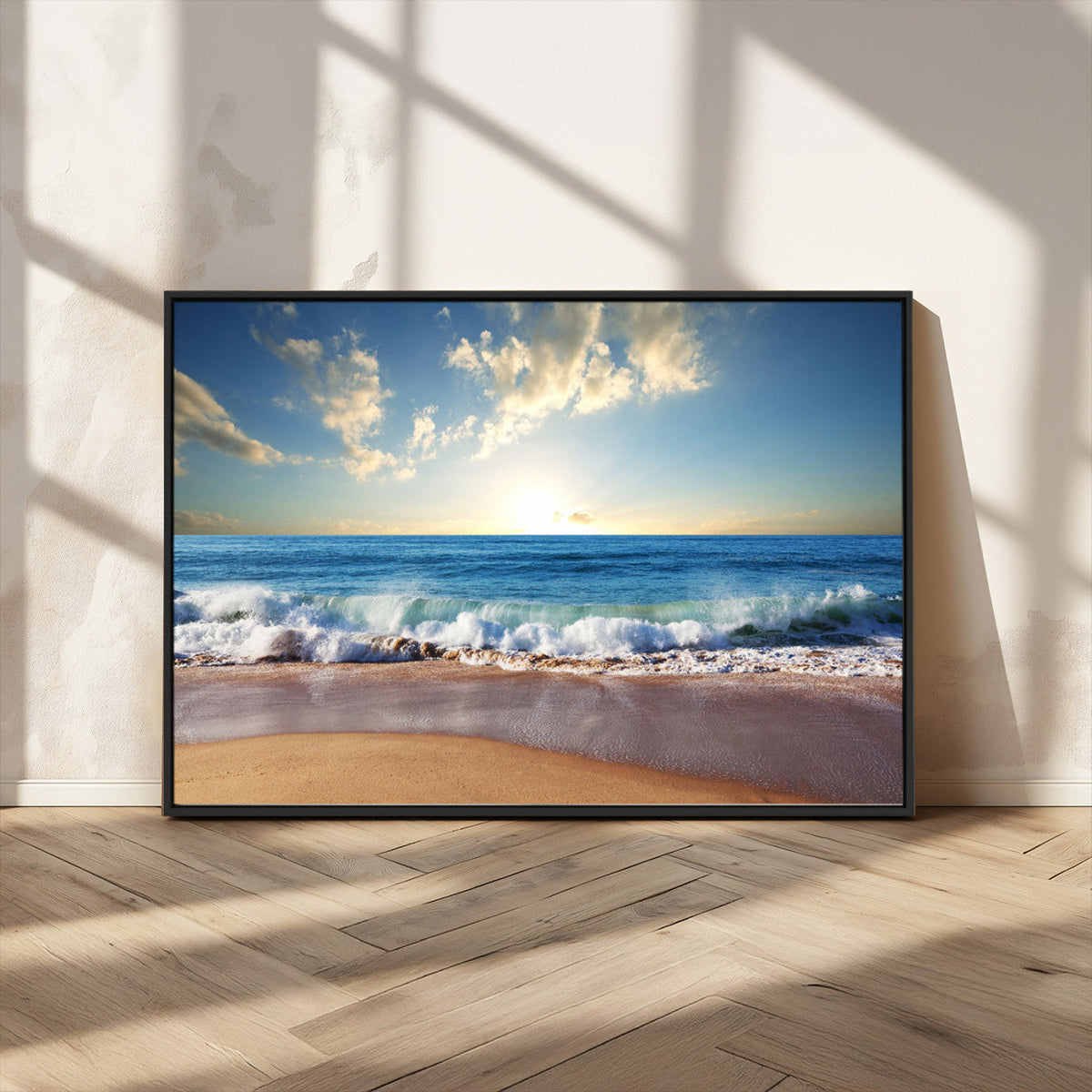 Serene Ocean Sunset Canvas Wall Art - Beach Waves at Sunset,
