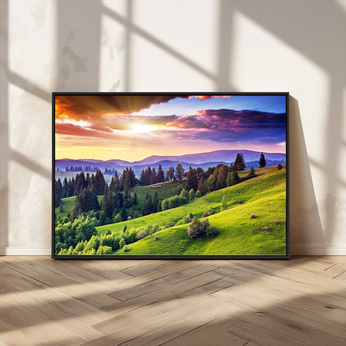 Green Hills and Sunset Wall Art Print - Scenic Landscape