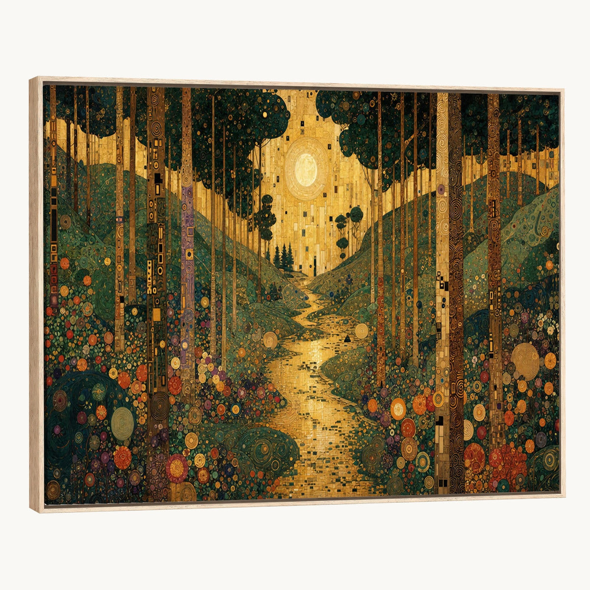 Gustav Klimt Style Forest Canvas Wall Art, Golden Forest Path Floral Art Nouveau Print, Enchanted Woodland Decor