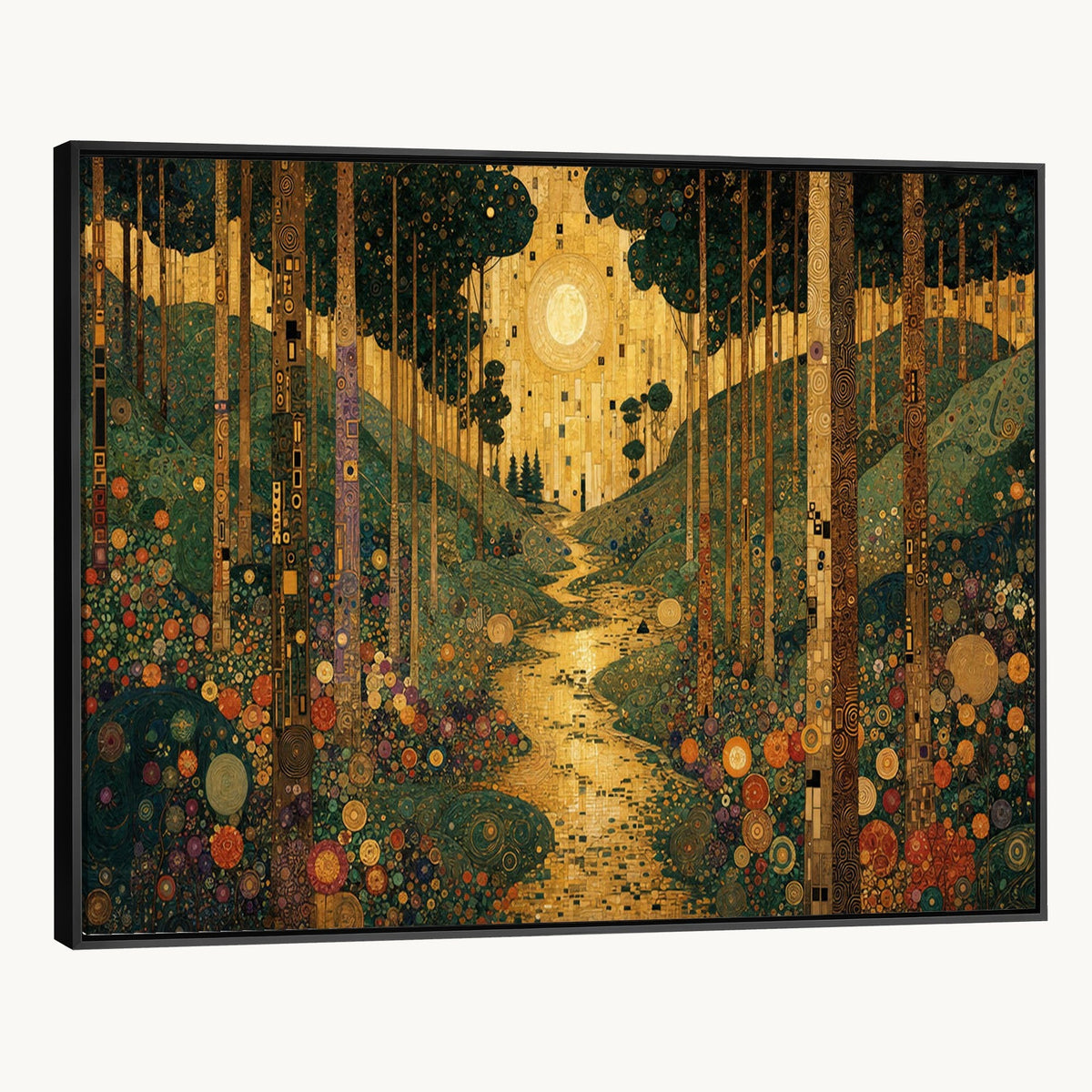Gustav Klimt Style Forest Canvas Wall Art, Golden Forest Path Floral Art Nouveau Print, Enchanted Woodland Decor