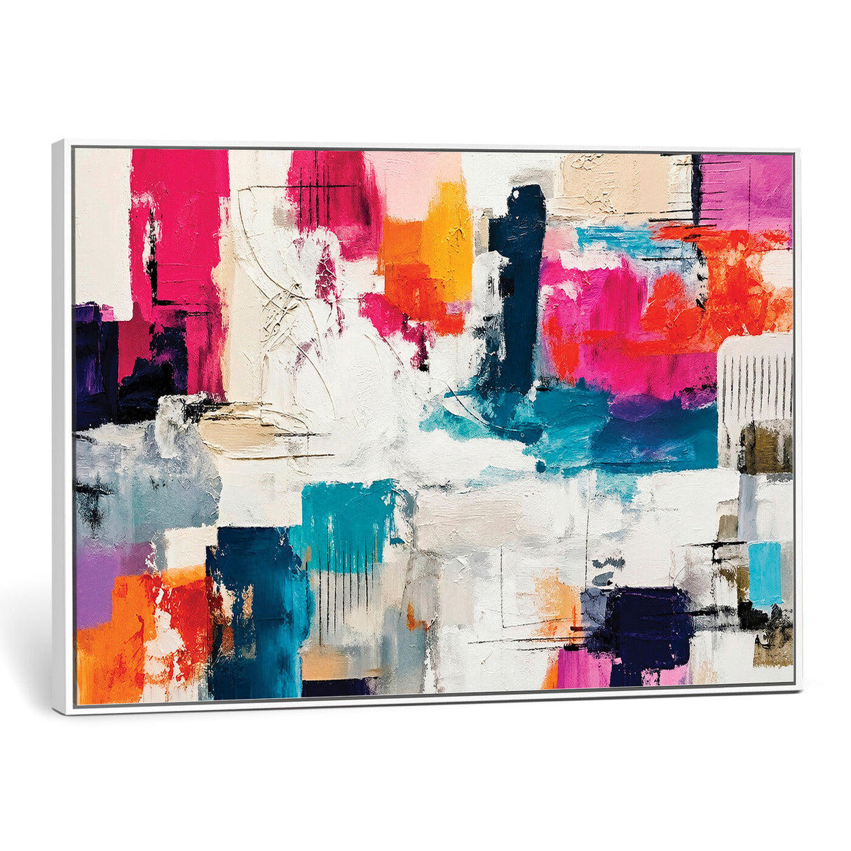 Blue Teal Abstract Canvas Wall Art, Modern Textured Painting Print, Navy Orange White Contemporary Art, Neutral Living Room Decor, Office Art