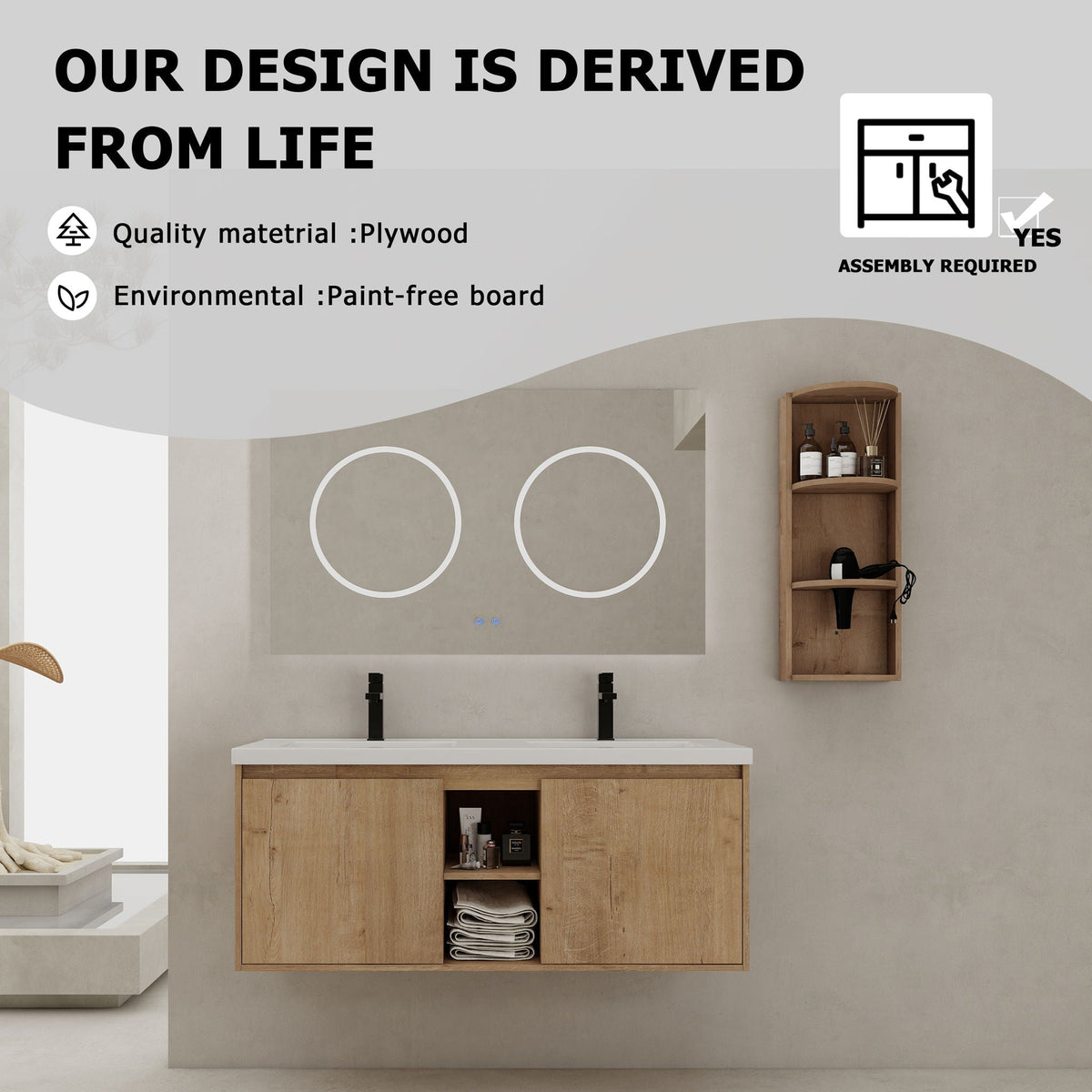48" Wall Mounted Bathroom Vanity With Double Resin Sink And Storage Rack Soft Close Doors Plywood Construction - Imitative Oak