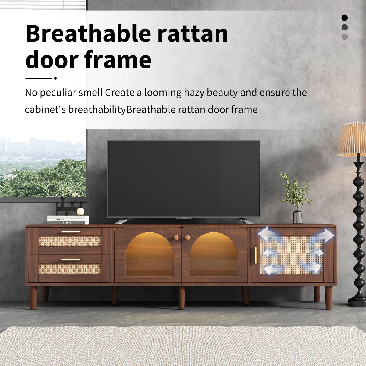 Rattan TV Stand with 3 Cabinets & 2 Drawers