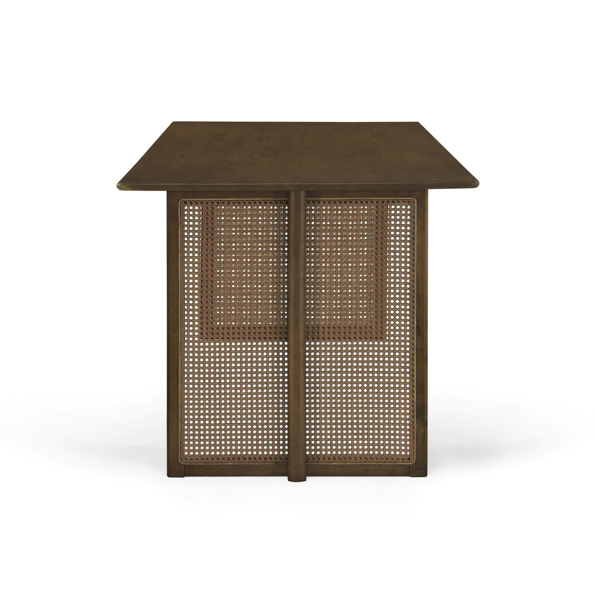 Walnut-Colored Rubber Wood Dining Table with Rattan Accents
