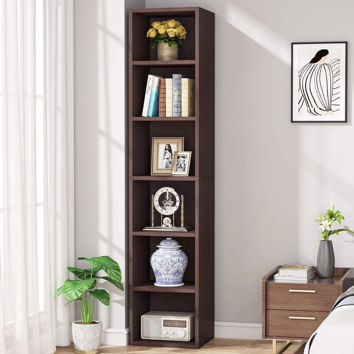 6 Tier Narrow Corner Cube Bookcase with Open Cubes - Light Blue or Dark Brown