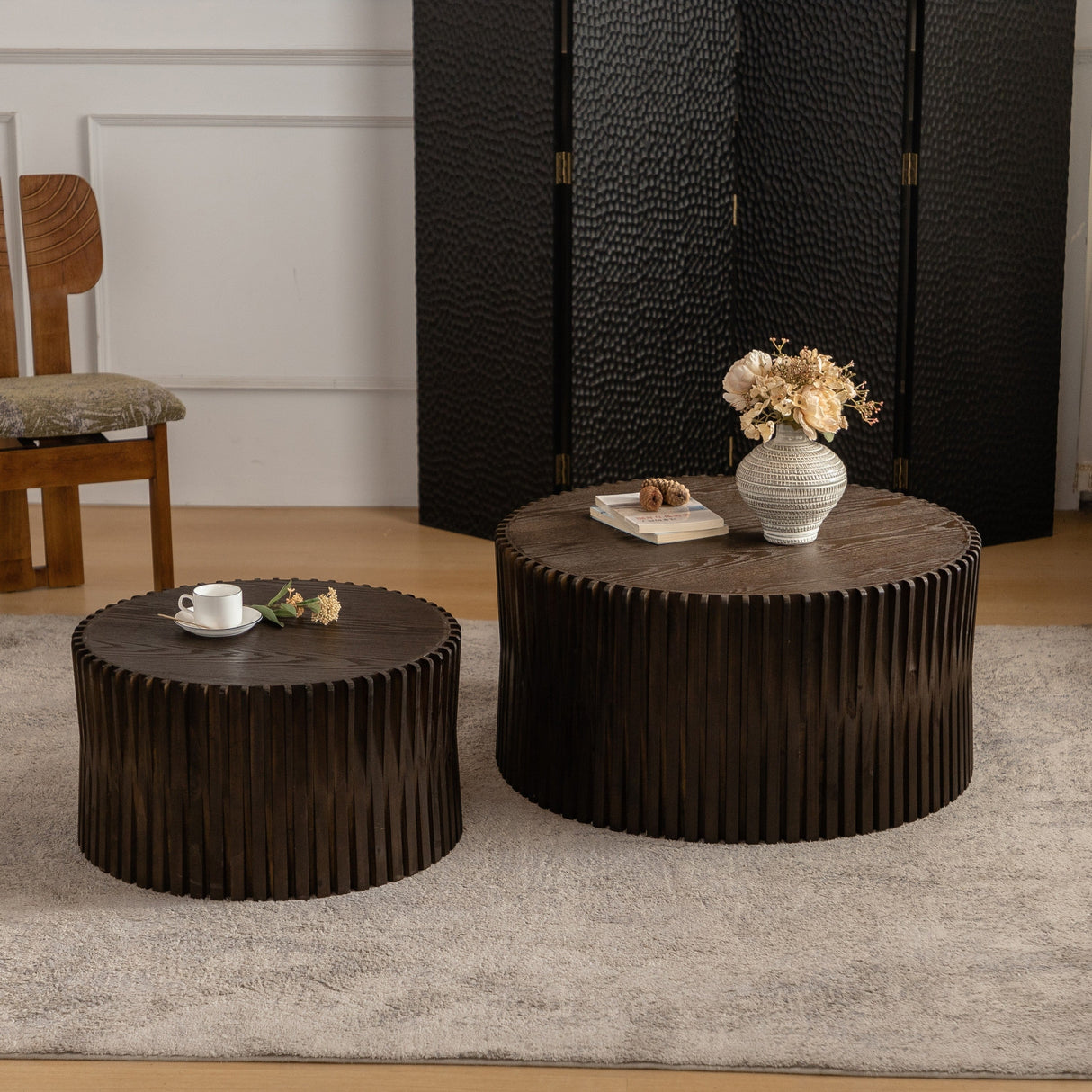 Vintage Style Cylindrical Nesting Coffee Table Set with Textured Embossed Design in Dark Brown MDF+Fir