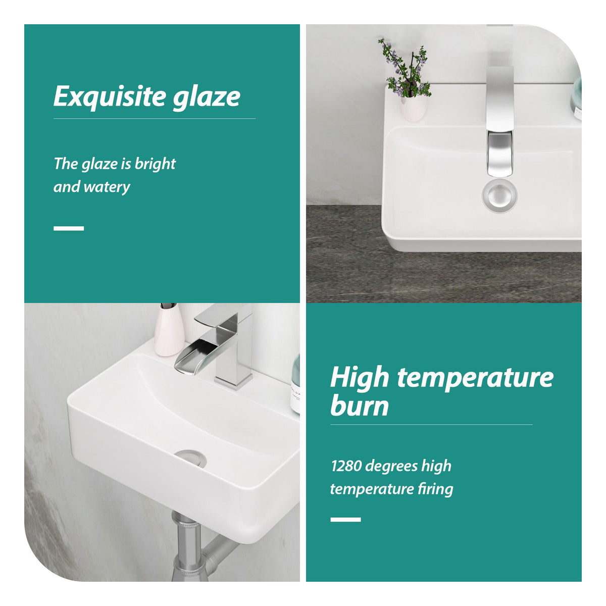 Ceramic Rectangle Wall Mount Bathroom Sink With Single Faucet Hole