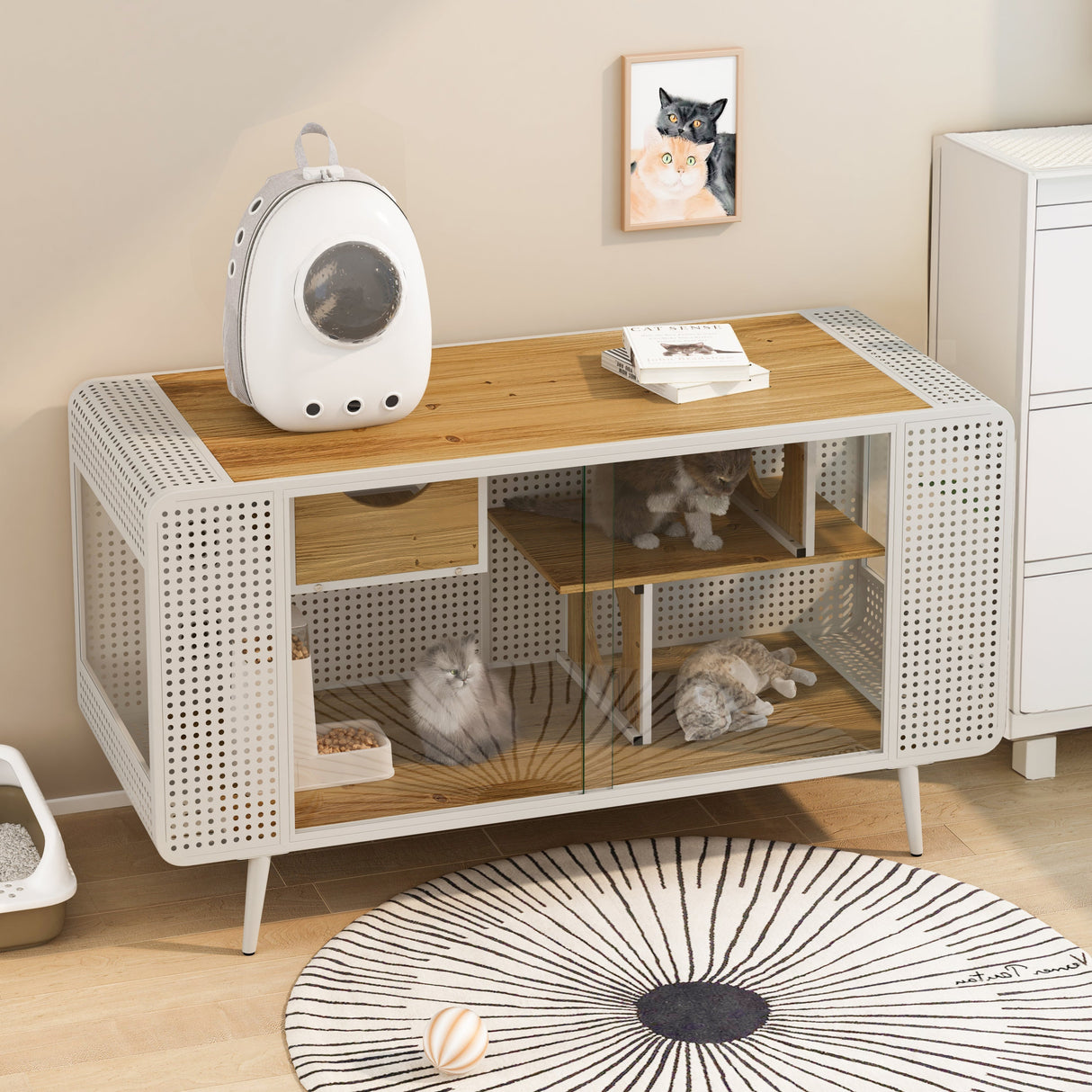 55.12' Spacious Cat House with Tempered Glass (White)