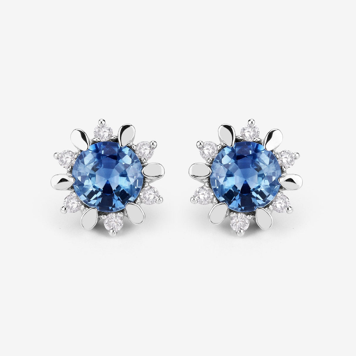 1.87 Carat Genuine Blue Sapphire and White Diamond 14K White Gold Earrings