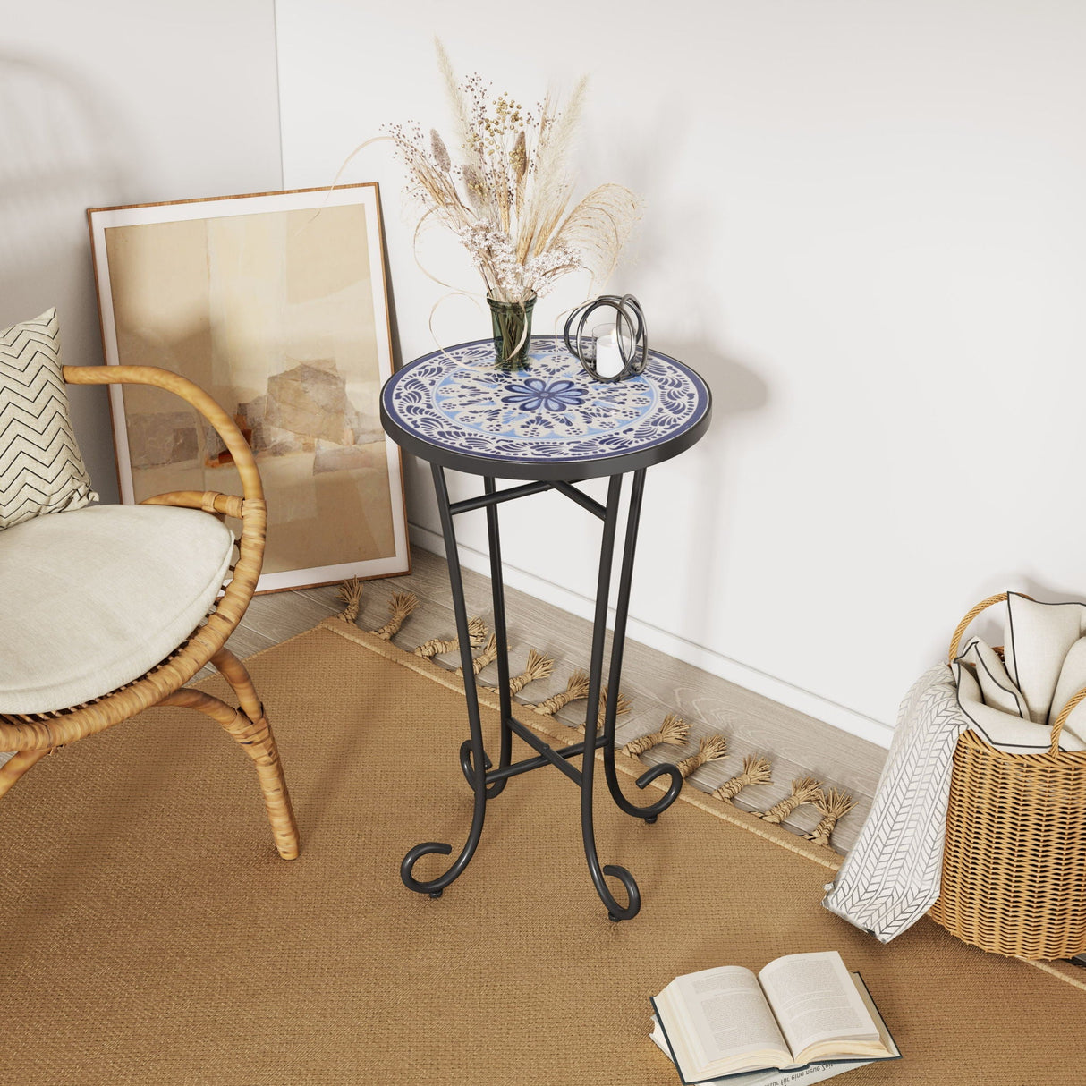 French Country Patio Side Table With Vibrant Tile Top