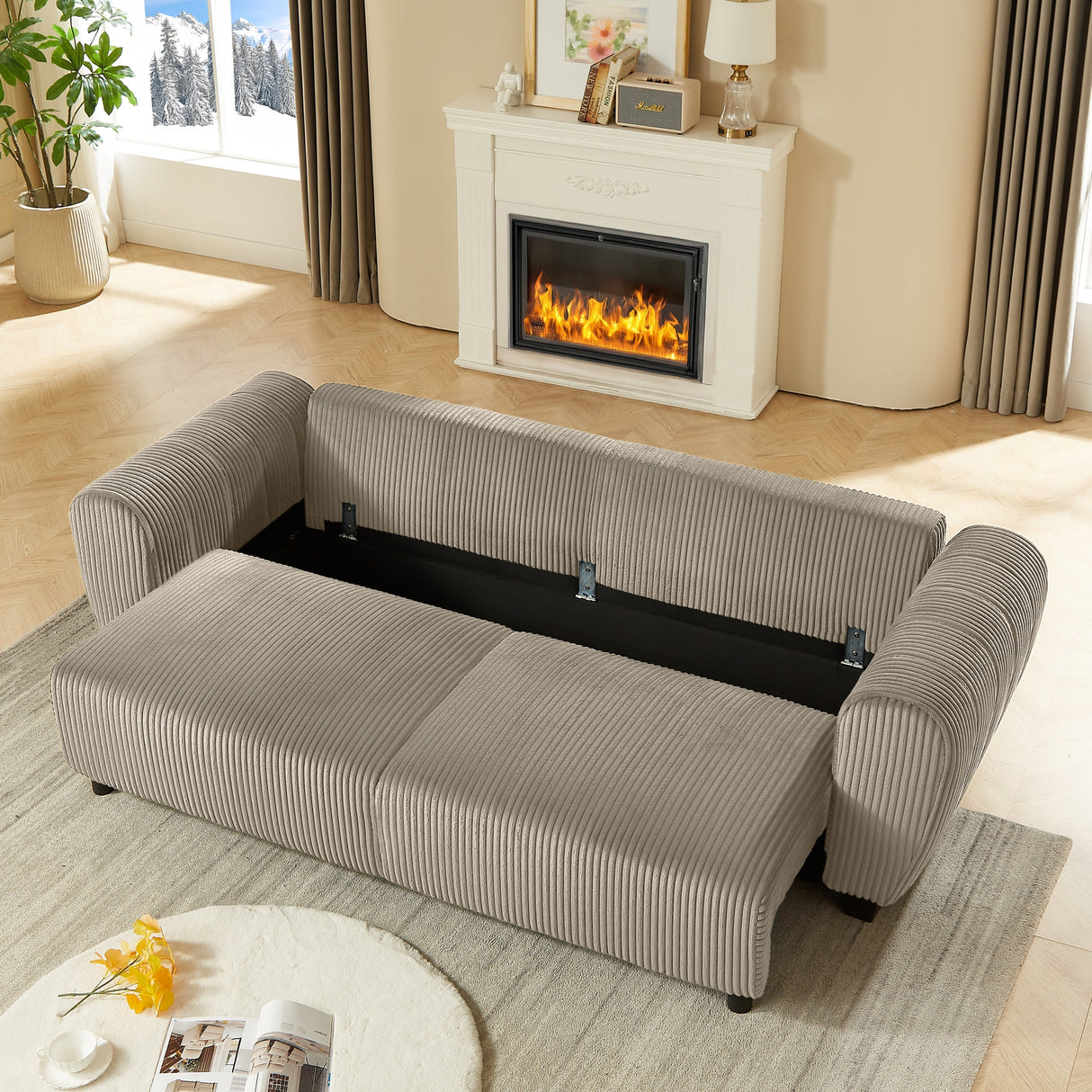 Corduroy Upholstered 3-Seat Sofa Couch 2-in-1 Convertible Sleeper Sofa Light Brown