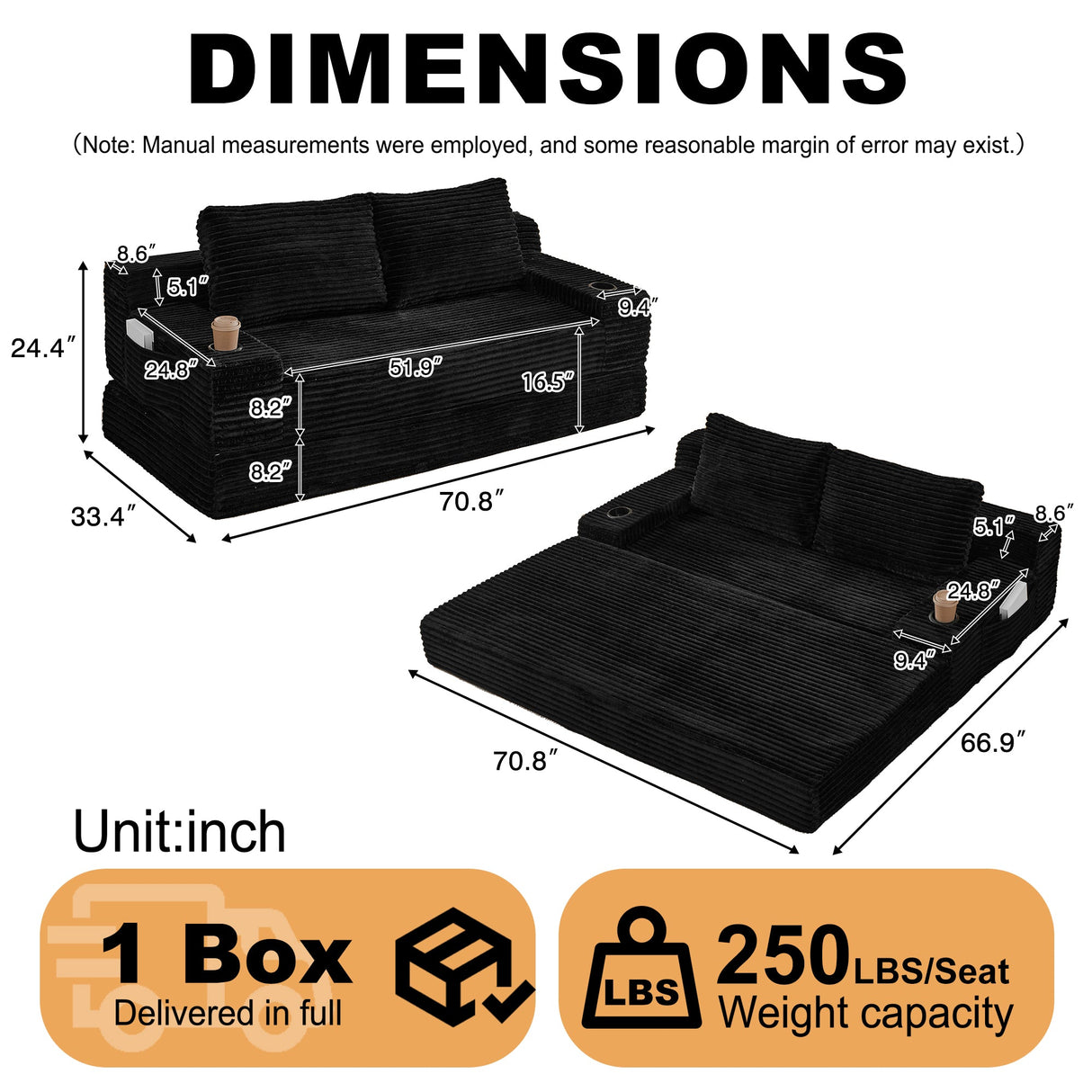 70.8-Inch Corduroy Two-in-One Sofa Bed
