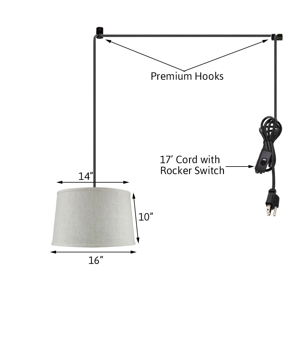 14"W 1 Light Swag Plug-In Pendant Shallow Drum Textured Oatmeal Shade Black Cord