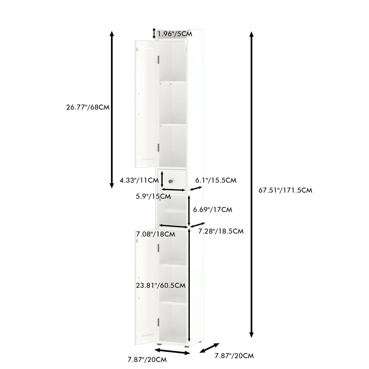 Slim Tall Bathroom Storage Cabinet With Adjustable Shelves, 2 Doors Freestanding Cabinet - White