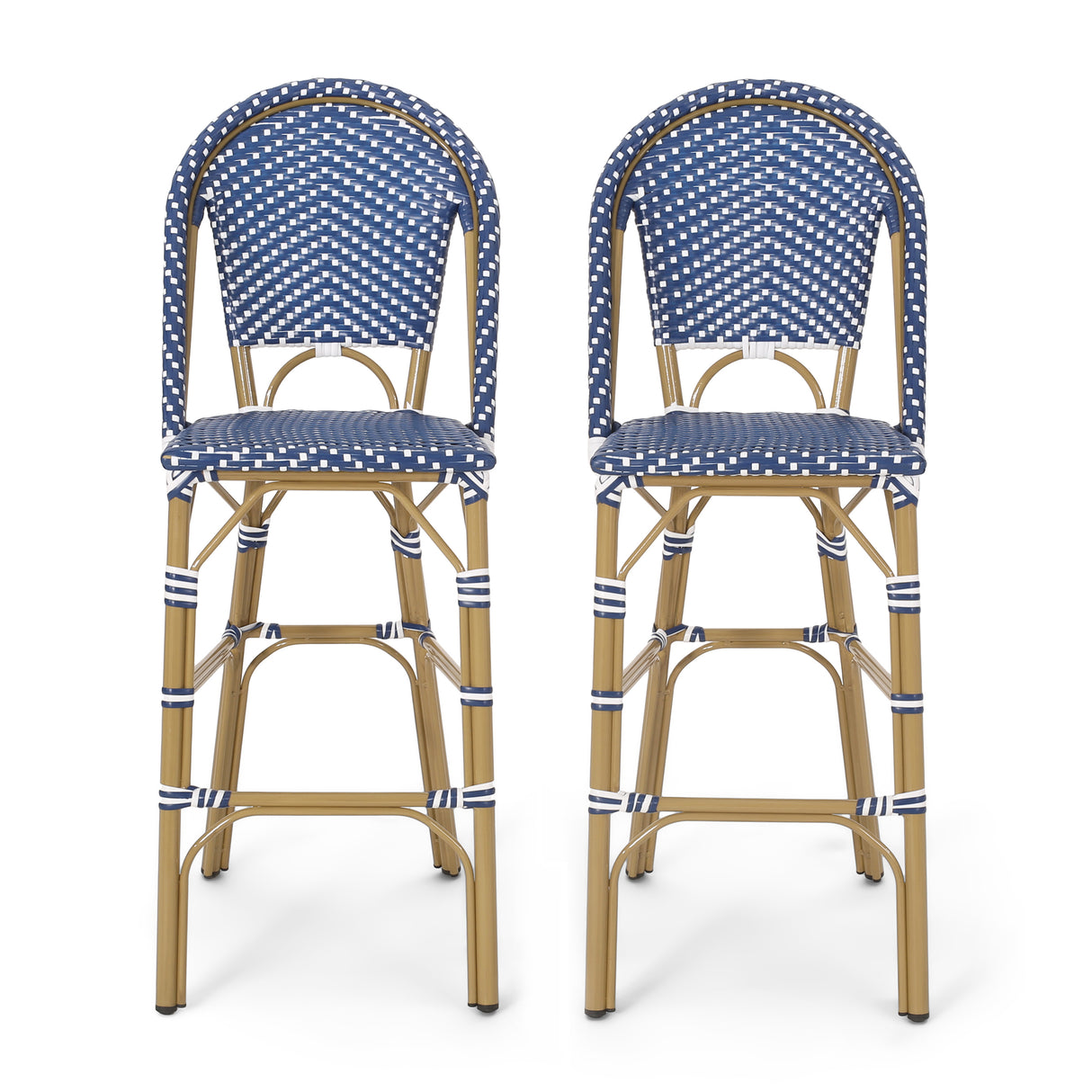 29.5" outdoor pe rattan french barstool, dark teal and white, aluminum frame with bamboo finish (set of 2)