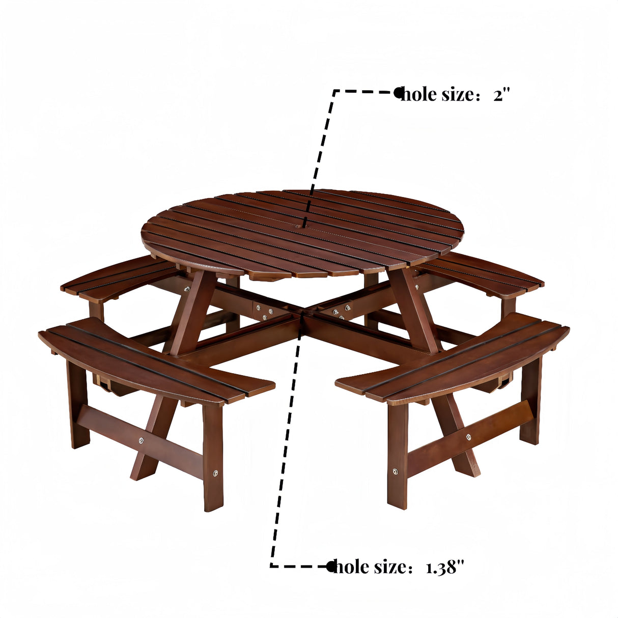 Outdoor 8 Person Round Picnic Table with Built-in Benches and Umbrella Hole