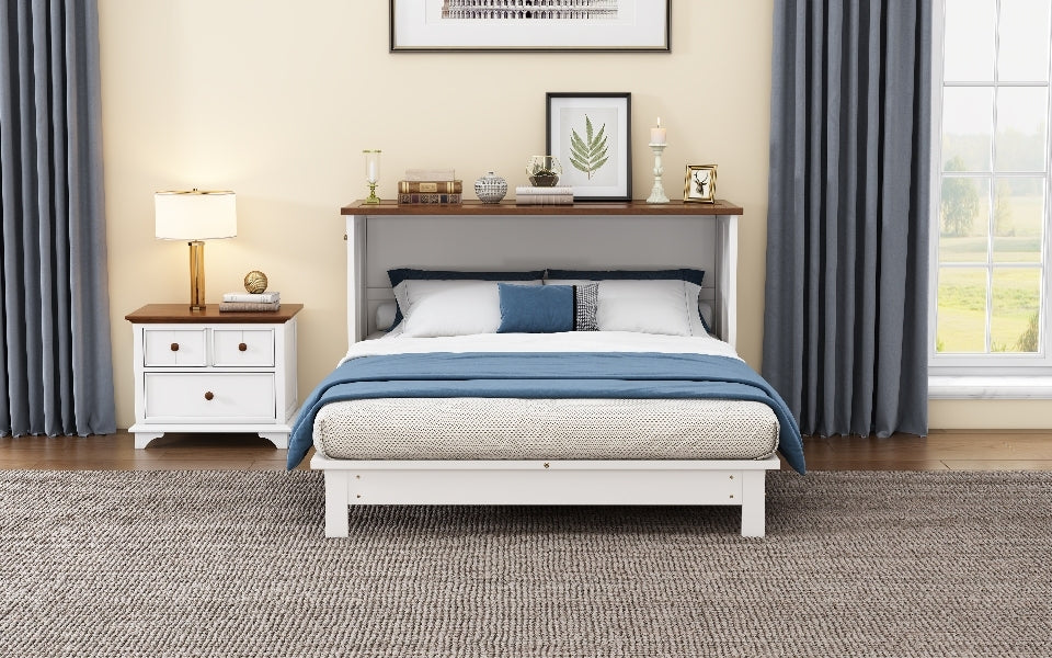Solid Pine Murphy Bed Chest with Charging Station and Large Storage Drawer - Queen