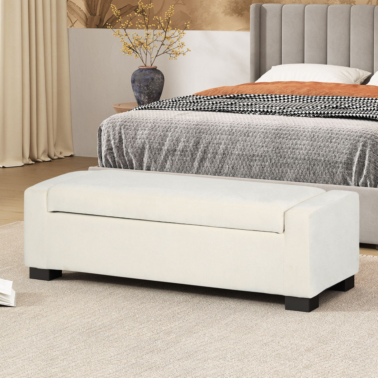 Textured Fabric Ottoman Bench With Hinged Lid
