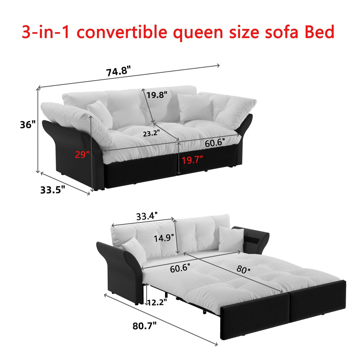 Queen Pull Out 3-in-1 Convertible Sleeper Tufted Sofa & 2 Soft Pillows