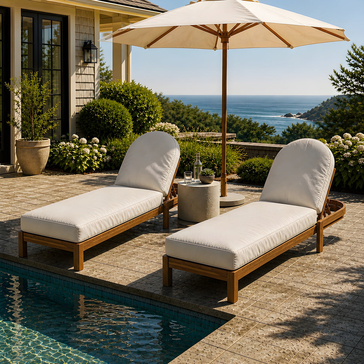 Patio Acacia Wood Chaise Lounge Chairs with Adjustable Backrest Set of 2