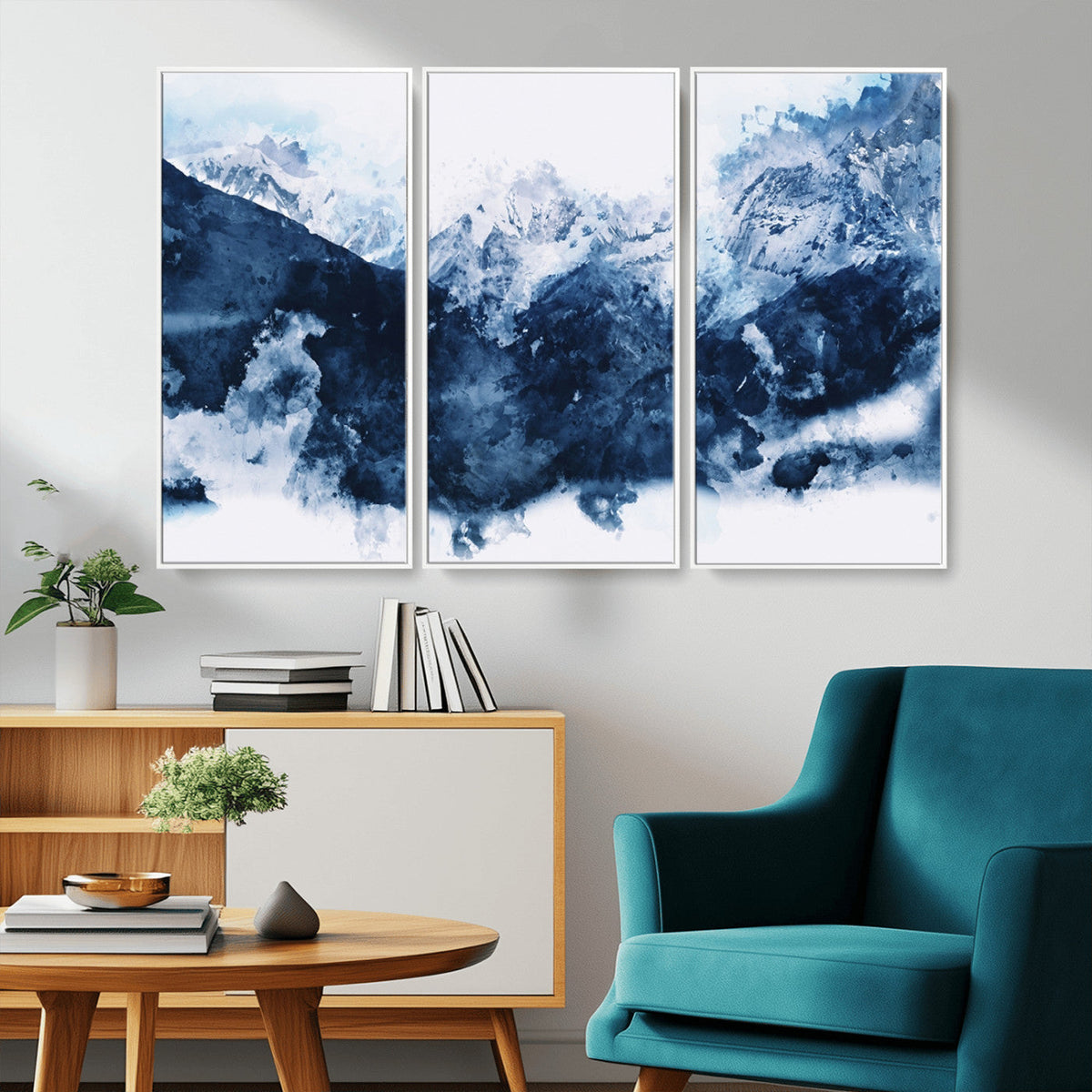 Abstract Blue Mountain Canvas Wall Art – Modern Triptych