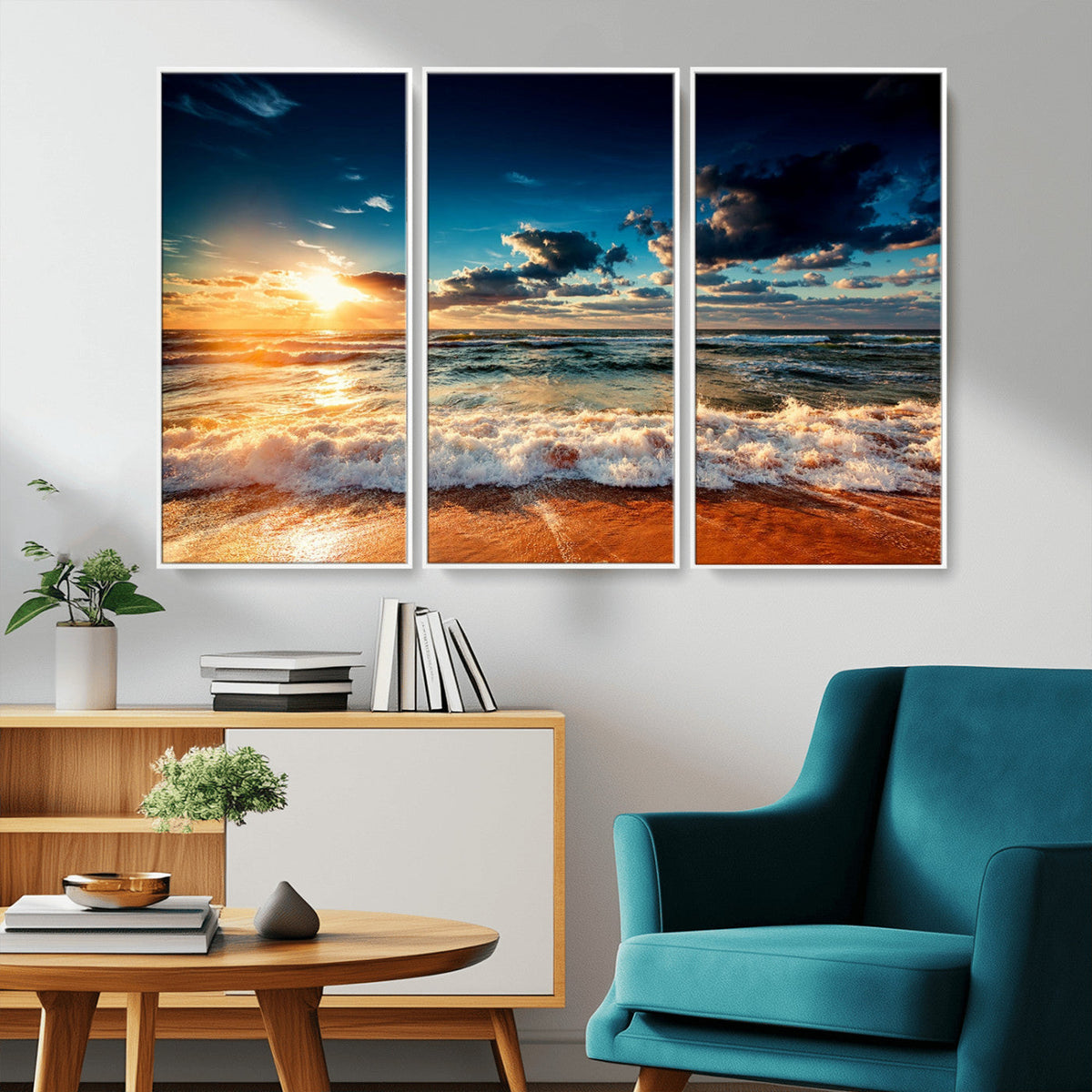 Golden Hour Sunset Over Ocean Waves Wall Art Canvas Print |