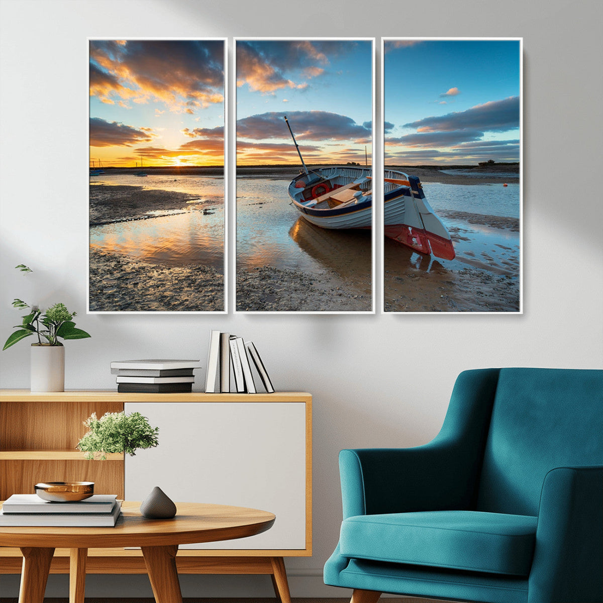 Small Boat At The Beach Sunset Wall Art, Boat Sunset Wall
